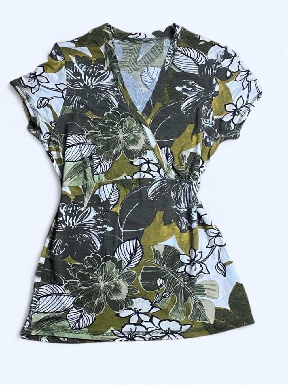 Olive Green Floral Wrap baby doll style Women’s Top